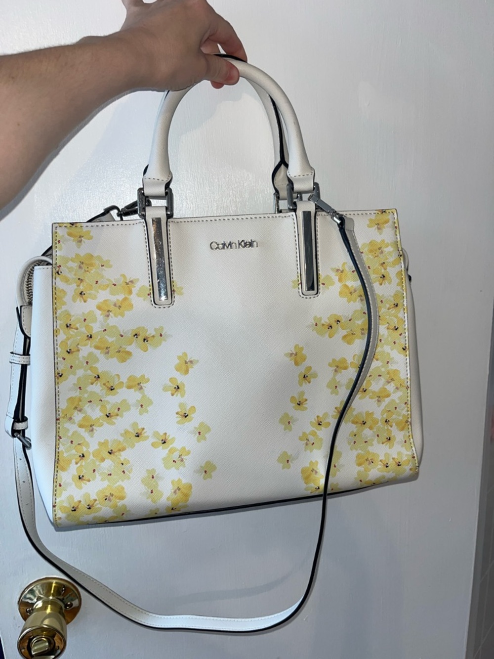 Calvin Klein White with Yellow Floral Print Purse/Crossbody
